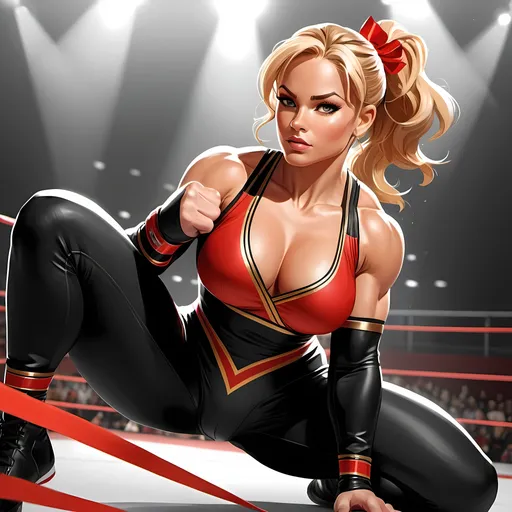 Prompt: Cartoon illustration of Eve Ryder in wrestling stance, red ribbon in hand, black & white outfit with gold trim, giantess art, arabesque, concept art, detailed expression, professional, highres, cartoon, dynamic pose, intense lighting, exaggerated proportions, strong and confident, wrestling ring setting, detailed character design, colorful and vibrant, high contrast, exaggerated perspective, powerful stance, concept art, unique artistic style