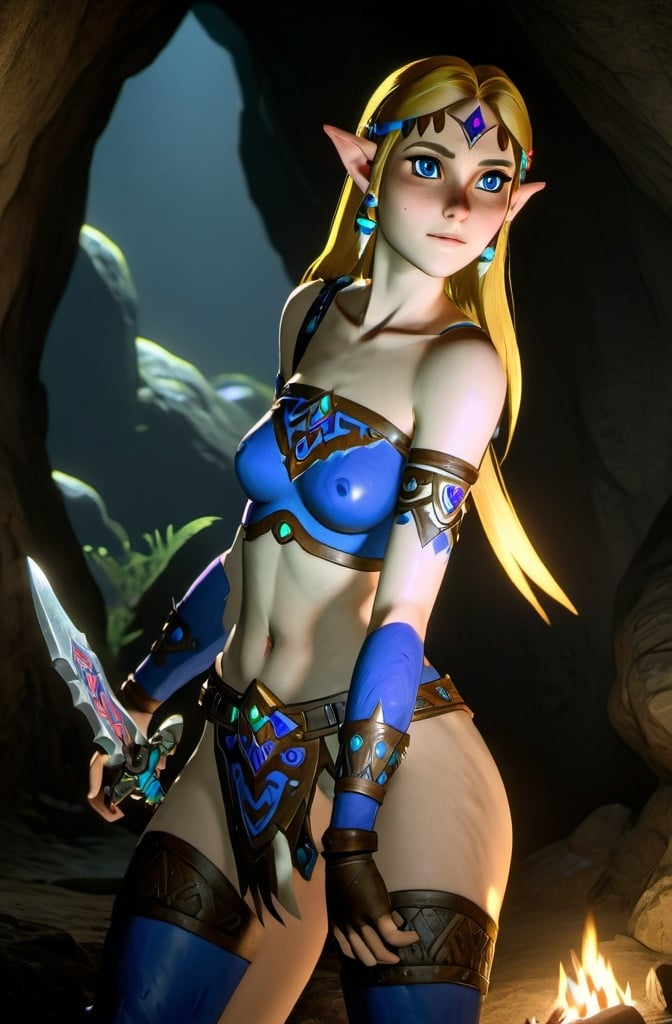 Prompt: Zelda wearing blue and black skimpy armor, big rear end, turned around, ambreen posterior, surrounded by goblins in a cave, embodying beauty, uplifting and serene, with lighting that feels gentle and flattering. The color grading should enhance the natural warmth and depth of her features, spectacular scene with exceptional clarity, unreal engine, UHD, 64K, HDR, HD, Highly detailed, professional, trending on artstation