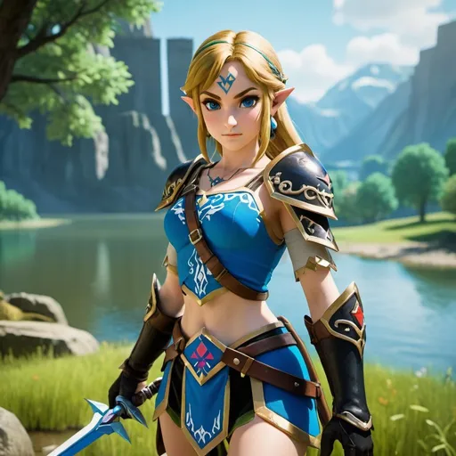 Prompt: Zelda wearing blue and black skimpy armor, holding the Master Sword, prowling near Lake Hylia from legend of Zelda, embodying beauty, use a lens that enhances her features in a soft yet vivid light, aiming for a mood that's uplifting and serene, with lighting that feels gentle and flattering. The color grading should enhance the natural warmth and depth of her features, spectacular scene with exceptional clarity, unreal engine, UHD, 64K, HDR, HD, Highly detailed, professional, trending on artstation