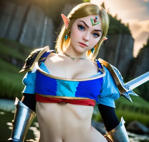 Prompt: Zelda wearing blue and black skimpy armor, holding the Master Sword, prowling near Lake Hylia from legend of Zelda, embodying beauty, use a lens that enhances her features in a soft yet vivid light, aiming for a mood that's uplifting and serene, with lighting that feels gentle and flattering. The color grading should enhance the natural warmth and depth of her features, spectacular scene with exceptional clarity in 8K