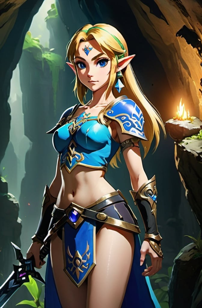 Prompt: Zelda wearing blue and black skimpy armor, big rear end, turned around, holding the Master Sword, surrounded by goblins in a cave lifting up her skirt, embodying beauty, use a lens that enhances her features in a soft yet vivid light, aiming for a mood that's uplifting and serene, with lighting that feels gentle and flattering. The color grading should enhance the natural warmth and depth of her features, spectacular scene with exceptional clarity, unreal engine, UHD, 64K, HDR, HD, Highly detailed, professional, trending on artstation