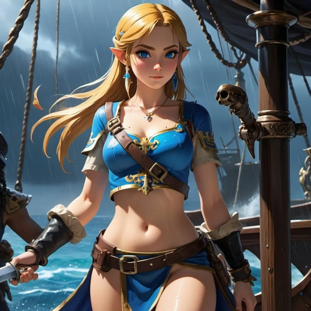 Prompt: Zelda sweating heavily wearing blue and black skimpy armor, big rear end showing, holding the Master Sword, surrounded by pirates on a pirate ship, raining embodying beauty, use a lens that enhances her features in a soft yet vivid light, aiming for a mood that's uplifting and serene, with lighting that feels gentle and flattering. The color grading should enhance the natural warmth and depth of her features, spectacular scene with exceptional clarity, unreal engine, UHD, 64K, HDR, HD, Highly detailed, professional, trending on artstation