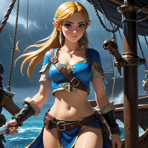Prompt: Zelda sweating heavily wearing blue and black skimpy armor, big rear end showing, holding the Master Sword, surrounded by pirates on a pirate ship, raining embodying beauty, use a lens that enhances her features in a soft yet vivid light, aiming for a mood that's uplifting and serene, with lighting that feels gentle and flattering. The color grading should enhance the natural warmth and depth of her features, spectacular scene with exceptional clarity, unreal engine, UHD, 64K, HDR, HD, Highly detailed, professional, trending on artstation