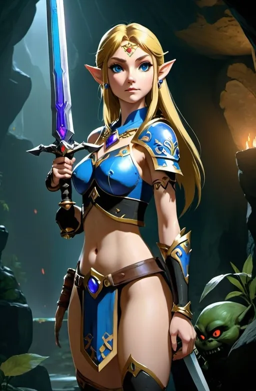 Prompt: Zelda wearing blue and black skimpy armor, big rear end, turned around, holding the Master Sword, surrounded by goblins in a cave, embodying beauty, use a lens that enhances her features in a soft yet vivid light, aiming for a mood that's uplifting and serene, with lighting that feels gentle and flattering. The color grading should enhance the natural warmth and depth of her features, spectacular scene with exceptional clarity, unreal engine, UHD, 64K, HDR, HD, Highly detailed, professional, trending on artstation