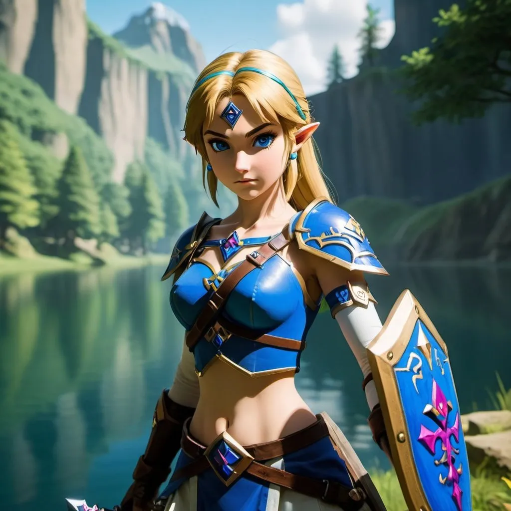 Prompt: Zelda wearing blue and black skimpy armor, holding the Master Sword, prowling near Lake Hylia from legend of Zelda, embodying beauty, use a lens that enhances her features in a soft yet vivid light, aiming for a mood that's uplifting and serene, with lighting that feels gentle and flattering. The color grading should enhance the natural warmth and depth of her features, spectacular scene with exceptional clarity, unreal engine, UHD, 64K, HDR, HD, Highly detailed, professional, trending on artstation