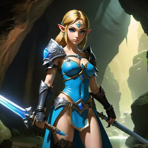 Prompt: Zelda wearing blue and black skimpy armor, big rear end, turned around, ambreen posterior, holding the Master Sword, surrounded by goblins in a cave, embodying beauty, use a lens that enhances her features in a soft yet vivid light, aiming for a mood that's uplifting and serene, with lighting that feels gentle and flattering. The color grading should enhance the natural warmth and depth of her features, spectacular scene with exceptional clarity, unreal engine, UHD, 64K, HDR, HD, Highly detailed, professional, trending on artstation