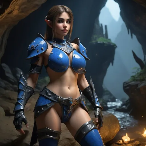 Prompt: Zelda wearing blue and black skimpy armor, big rear end, turned around, ambreen posterior, surrounded by goblins in a cave, embodying beauty, uplifting and serene, with lighting that feels gentle and flattering. The color grading should enhance the natural warmth and depth of her features, spectacular scene with exceptional clarity, unreal engine, UHD, 64K, HDR, HD, Highly detailed, professional, trending on artstation