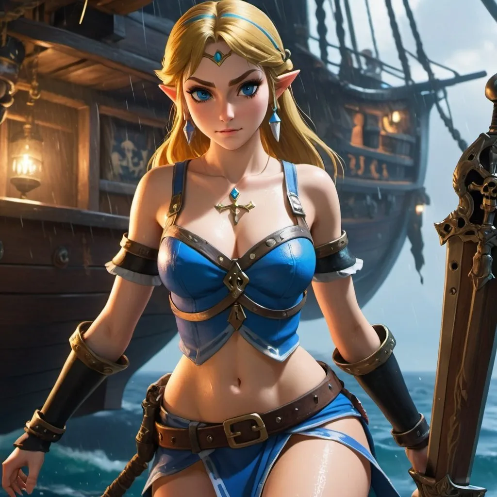 Prompt: Zelda sweating heavily wearing blue and black skimpy armor, big rear end showing, holding the Master Sword, surrounded by pirates on a pirate ship, raining embodying beauty, use a lens that enhances her features in a soft yet vivid light, aiming for a mood that's uplifting and serene, with lighting that feels gentle and flattering. The color grading should enhance the natural warmth and depth of her features, spectacular scene with exceptional clarity, unreal engine, UHD, 64K, HDR, HD, Highly detailed, professional, trending on artstation