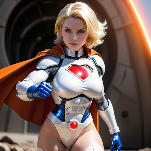 Prompt: Power Girl inspired android 18, high quality, detailed rendering, comic style, vibrant colors, heroic stance, futuristic setting, energy aura, glowing eyes, sleek metallic armor, flowing cape, strong and confident expression, super detailed, vibrant comic style, futuristic, energetic aura, metallic armor, confident stance, flowing cape, heroic expression, high quality, detailed rendering