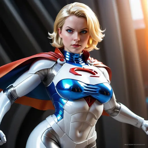 Prompt: Power Girl inspired android 18, high quality, detailed rendering, comic style, vibrant colors, heroic stance, futuristic setting, energy aura, glowing eyes, sleek metallic armor, flowing cape, strong and confident expression, super detailed, vibrant comic style, futuristic, energetic aura, metallic armor, confident stance, flowing cape, heroic expression, high quality, detailed rendering
