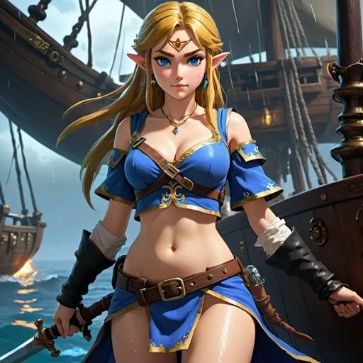 Prompt: Zelda sweating heavily wearing blue and black skimpy armor, big rear end showing, holding the Master Sword, surrounded by pirates on a pirate ship, raining embodying beauty, use a lens that enhances her features in a soft yet vivid light, aiming for a mood that's uplifting and serene, with lighting that feels gentle and flattering. The color grading should enhance the natural warmth and depth of her features, spectacular scene with exceptional clarity, unreal engine, UHD, 64K, HDR, HD, Highly detailed, professional, trending on artstation