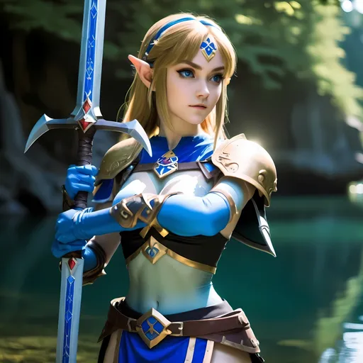 Prompt: Zelda wearing blue and black skimpy armor, holding the Master Sword, prowling near Lake Hylia from legend of Zelda, embodying beauty, use a lens that enhances her features in a soft yet vivid light, aiming for a mood that's uplifting and serene, with lighting that feels gentle and flattering. The color grading should enhance the natural warmth and depth of her features, spectacular scene with exceptional clarity in 8K