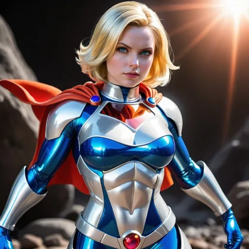 Prompt: Power Girl inspired android 18, high quality, detailed rendering, comic style, vibrant colors, heroic stance, futuristic setting, energy aura, glowing eyes, sleek metallic armor, flowing cape, strong and confident expression, super detailed, vibrant comic style, futuristic, energetic aura, metallic armor, confident stance, flowing cape, heroic expression, high quality, detailed rendering