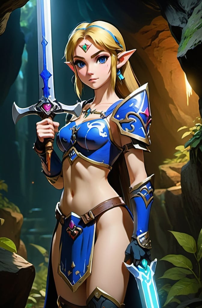 Prompt: Zelda wearing blue and black skimpy armor, big rear end, turned around, holding the Master Sword, surrounded by goblins in a cave lifting up her skirt, embodying beauty, use a lens that enhances her features in a soft yet vivid light, aiming for a mood that's uplifting and serene, with lighting that feels gentle and flattering. The color grading should enhance the natural warmth and depth of her features, spectacular scene with exceptional clarity, unreal engine, UHD, 64K, HDR, HD, Highly detailed, professional, trending on artstation