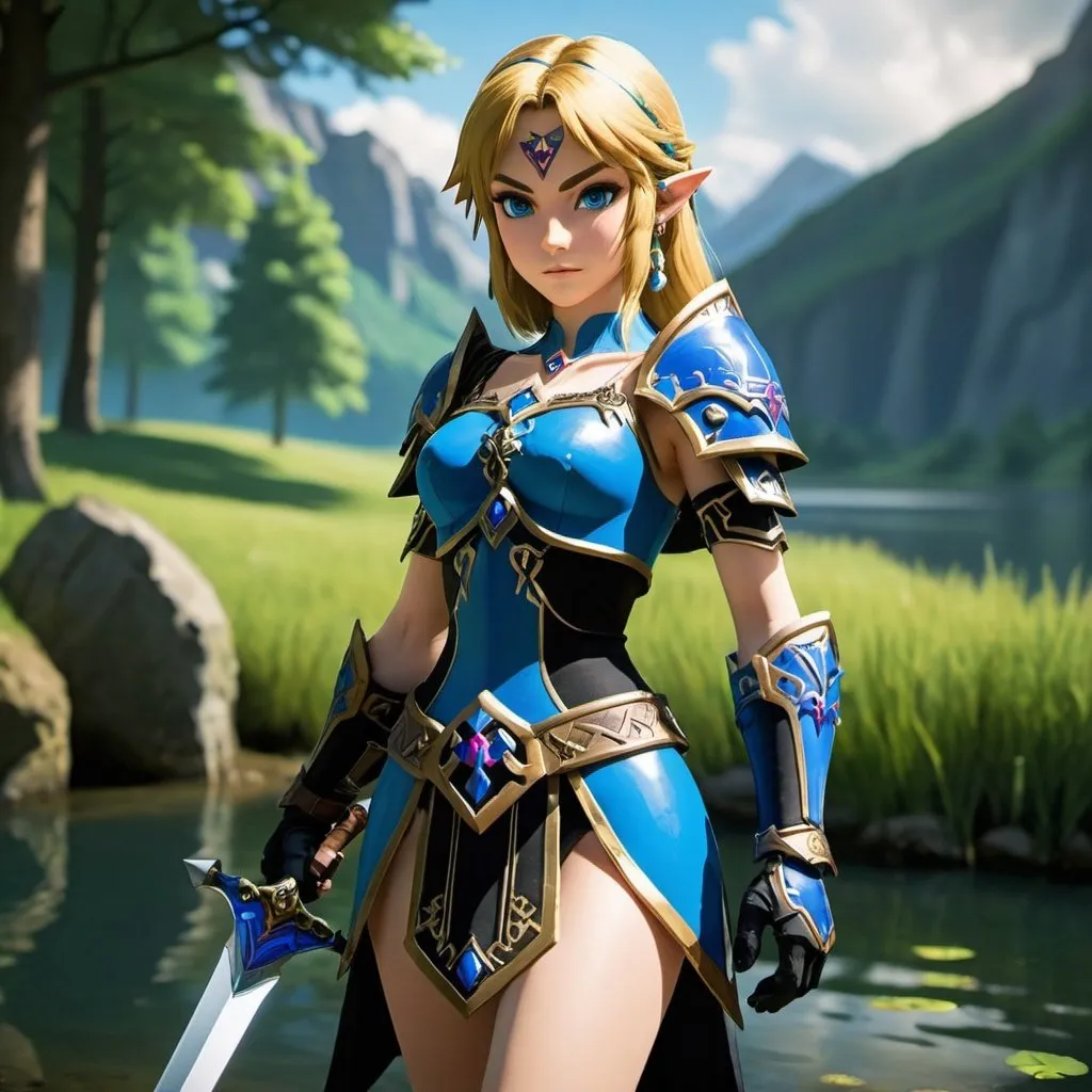 Prompt: Zelda wearing blue and black skimpy armor, holding the Master Sword, prowling near Lake Hylia from legend of Zelda, embodying beauty, use a lens that enhances her features in a soft yet vivid light, aiming for a mood that's uplifting and serene, with lighting that feels gentle and flattering. The color grading should enhance the natural warmth and depth of her features, spectacular scene with exceptional clarity, unreal engine, UHD, 64K, HDR, HD, Highly detailed, professional, trending on artstation