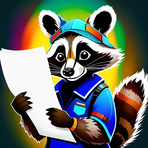 Prompt: An anthropomorphic raccoon student holding a sheet of paper vertically, digital art, detailed fur, high quality, vibrant colors, cartoonish, dramatic lighting, unique design, professional, detailed characters, vibrant tones.