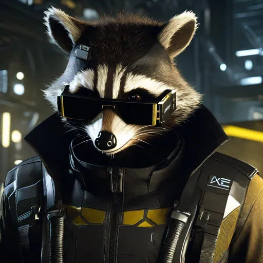 Prompt: deus ex mankind divided protagonist as an anthropomorphic raccoon, extremely realistic, extremely detailed, front, smilling, ambient light, indoors, housing complex.