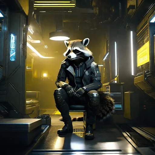 Prompt: deus ex mankind divided protagonist as an anthropomorphic raccoon, extremely realistic, extremely detailed, ambient light, indoors, housing complex,front.