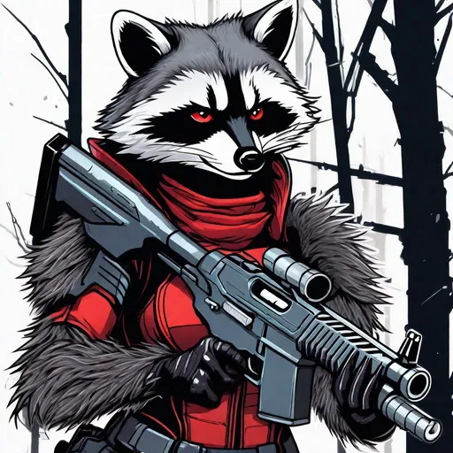 Prompt: An artificial anthropomorphic raccoon woman aiming a shotgun. The android woman has synthetic black skin with red contrast that serves both as clothing and armor, and a biological raccoon face. Her expression should contrast the soft fur on her female face, and convey the intense atmosphere and awareness of looming danger. The background should induce a feeling of decay caused by an overwhelming threat, and the atmosphere it creates should be heavy and intense.