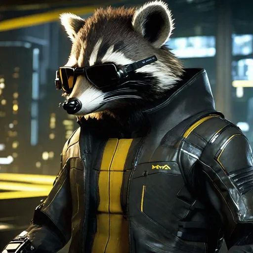 Prompt: deus ex mankind divided protagonist as an anthropomorphic raccoon, extremely realistic, extremely detailed, side, smilling, ambient light, indoors, housing complex.