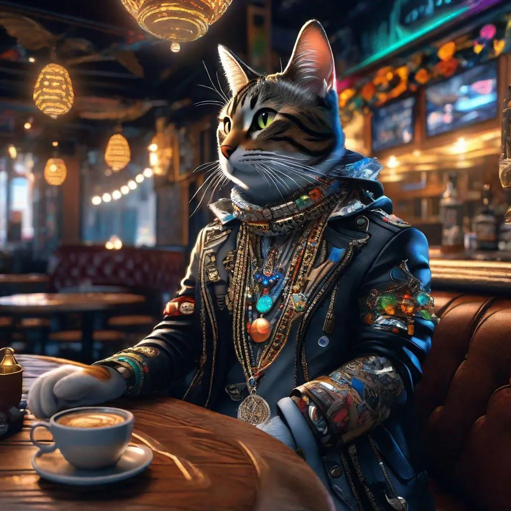 Prompt: A hyper-maximalist hyperrealistic photorealistic overdetailed neco arc wearing tattared clothes and various trinkets around his neck, sharp focus, destroyed cafe, 64k resolution, detailed texture.