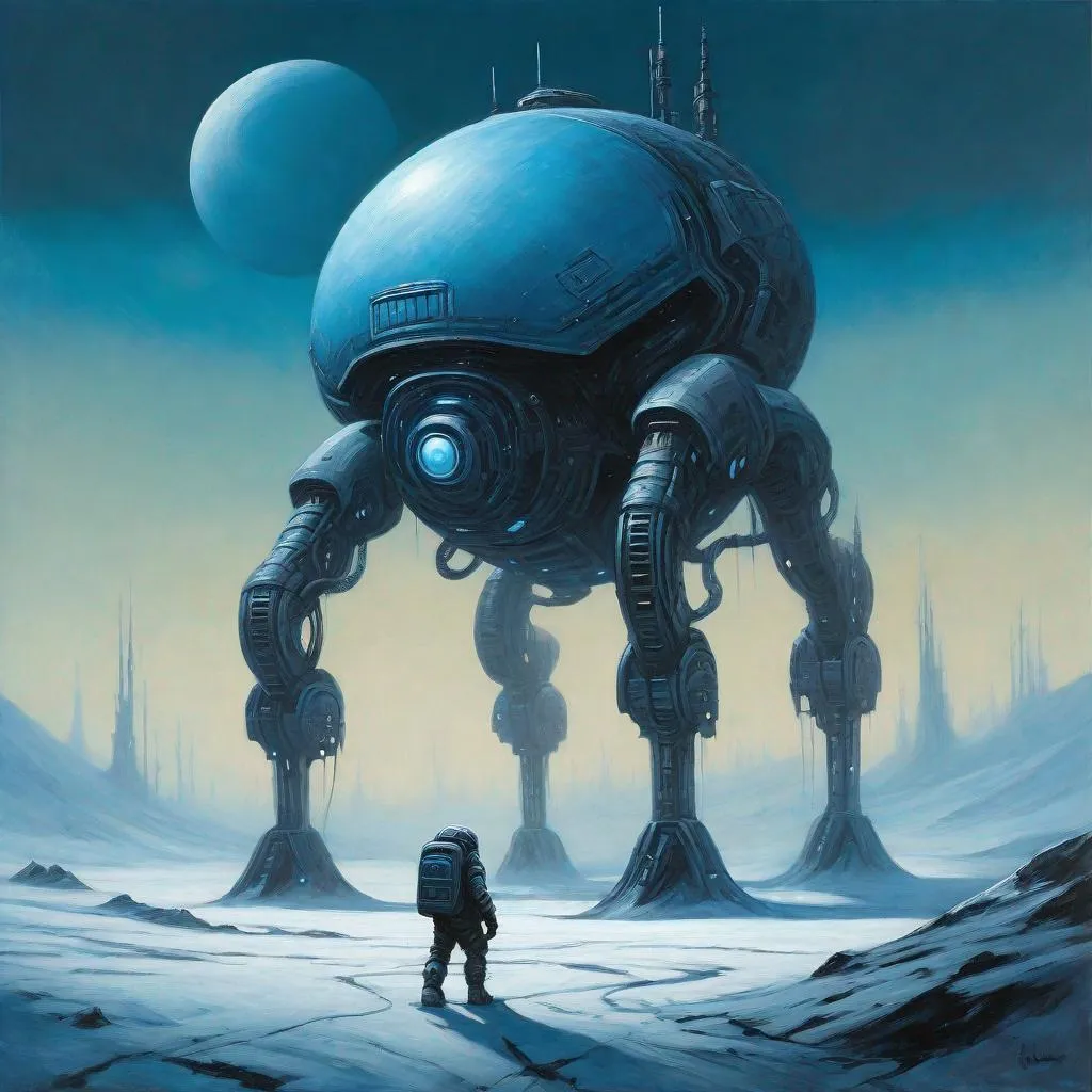 Prompt: An oil painting of a colossal biomechanical creature with a moon shaped head with rounded tips and a thin yet powerfull body carrying a large supply container while traversin a desolate and icy landscape, futuristic aesthetic, tense and alien atmposphere, toned down shades of blue and black.