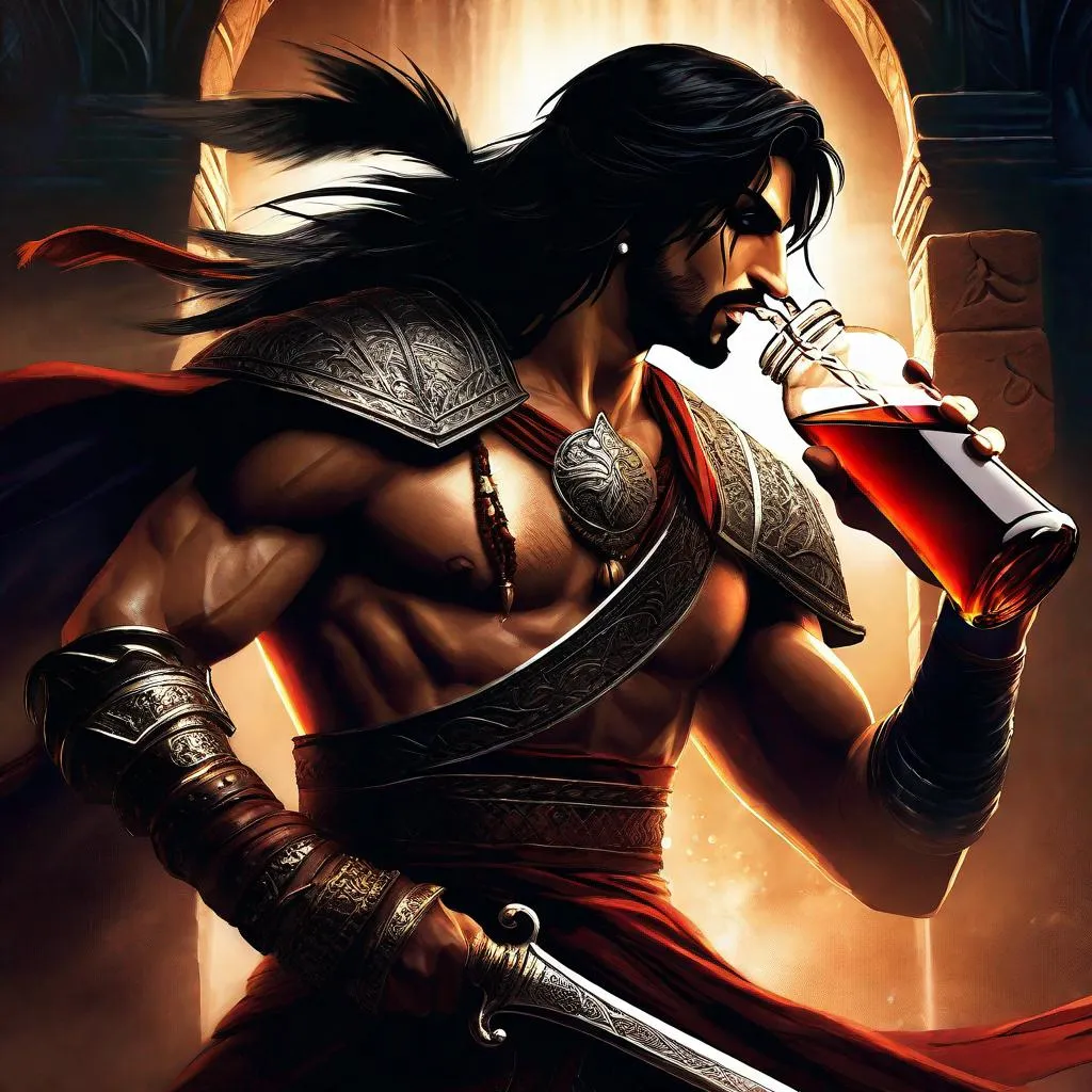 Prompt: Prince of persia warrior within protagonist drinking water from a water bootle while fighting, extremely realistic, extremely detailed, promo art, dark color pallet, dark lighting, dark atmosphere.