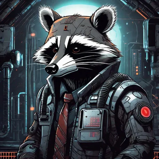 Prompt: A anthropomorphic raccoon cyborg, devastated lab background, sharp edges, extremely realistic, extremely detailed, dark, dramatic lighting, horror atmosphere.