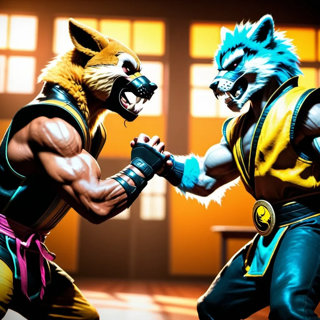 Prompt: Two furries fighting brutally in a school, mortal kombat style, ultra-realistic, detailed shading, high quality, realistic style, intense lighting, brutal action, school setting, detailed fur, intense expressions, realistic shadows