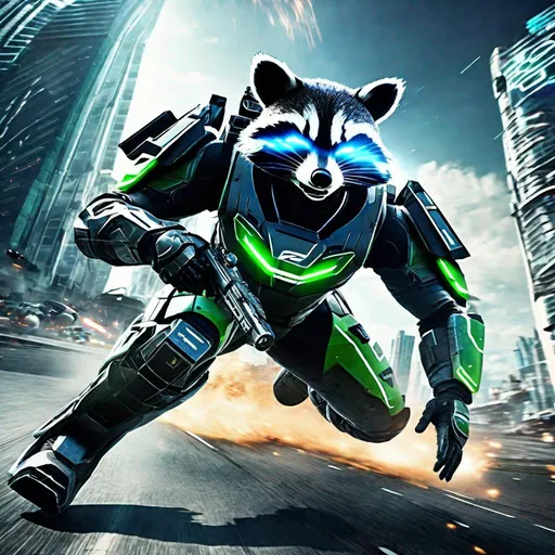 Prompt: The protagonist of Vanquish with a raccoon head sliding around the batllefield in an Augmented Reaction Suit, photorealistic, extremely detailed, action shot, wide shot, futuristic city battlefield background, day.