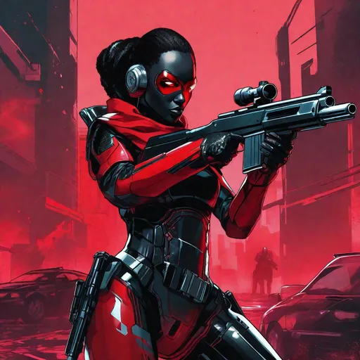 Prompt: An artificial human woman aiming a shotgun. The android woman has synthetic black skin with red contrast that serves both as clothing and armor, and a human face. Her expression should contrast her soft female face, and convey the intense atmosphere and awareness of looming danger. The background should induce a feeling of decay caused by an overwhelming threat, and the atmosphere it creates should be heavy and intense.