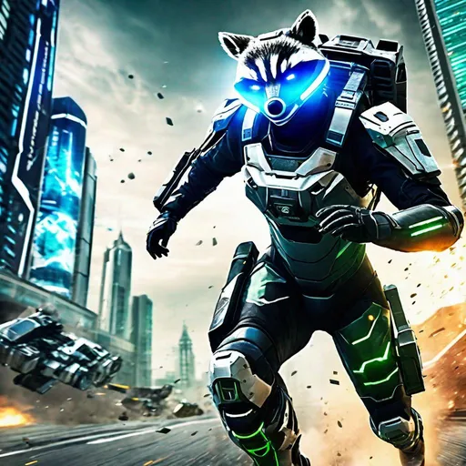 Prompt: The protagonist of Vanquish with a raccoon head sliding around the batllefield in an Augmented Reaction Suit, photorealistic, extremely detailed, action shot, wide shot, back, futuristic city battlefield background, day.