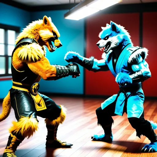 Prompt: Two furries fighting brutally in a school, mortal kombat style, ultra-realistic, detailed shading, high quality, realistic style, intense lighting, brutal action, school setting, detailed fur, intense expressions, realistic shadows