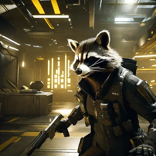 Prompt: deus ex mankind divided protagonist as an anthropomorphic raccoon fighting a terrorist in unarmed close quarters combat,fight scene, extremely realistic, extremely detailed, ambient light, indoors,side housing complex.