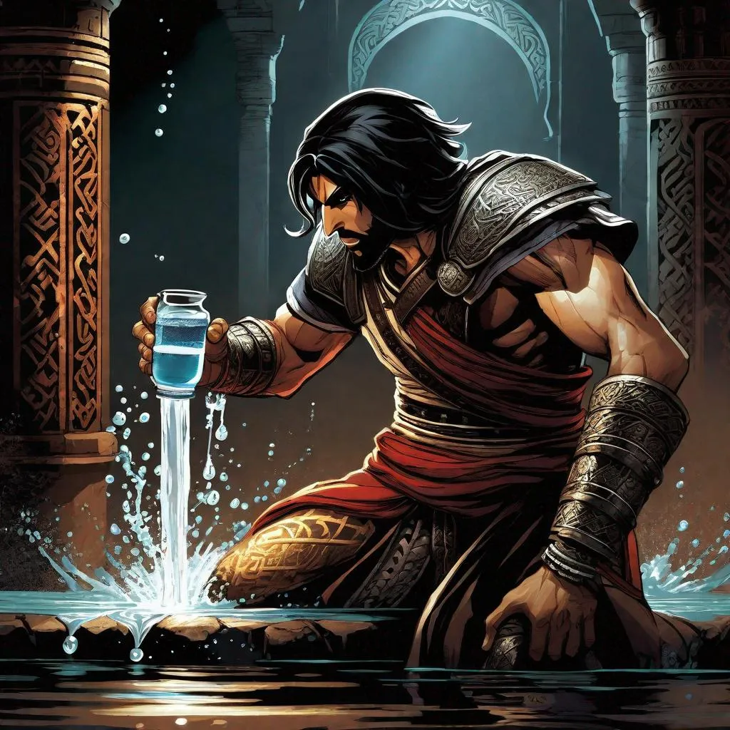 Prompt: Prince of persia warrior within protagonist drinking water from a water bootle while fighting, extremely realistic, extremely detailed, promo art, dark color pallet, dark lighting, dark atmosphere.