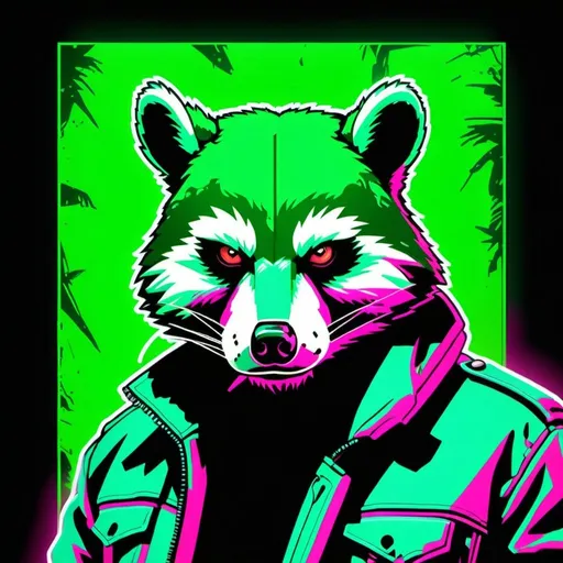 Prompt: Hotline Miami-style poster titled 'Evolution', green blood-covered raccoon mask wearing man, neon lighting, gritty and chaotic, 80s retro vibe, intense gaze, high contrast, vibrant colors, pixel art, dramatic shadows, violent and edgy, highres, gritty, neon, retro, intense, dramatic, chaotic, pixel art, vibrant colors, edgy, 80s style, intense lighting