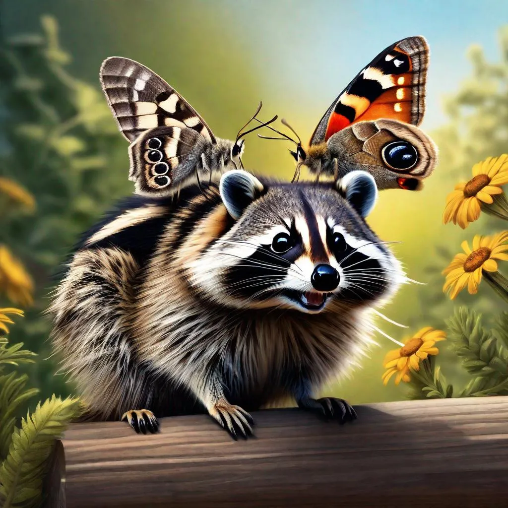 Prompt: A picture of a moth sitting on top of a smilling raccoon, photo realistic, extremely detailed, front, day, natural light.