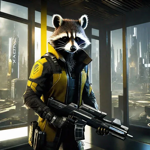 Prompt: deus ex mankind divided protagonist as an anthropomorphic raccoon, intense cqc, extremely realistic, extremely detailed, ambient light, indoors, housing complex,side.