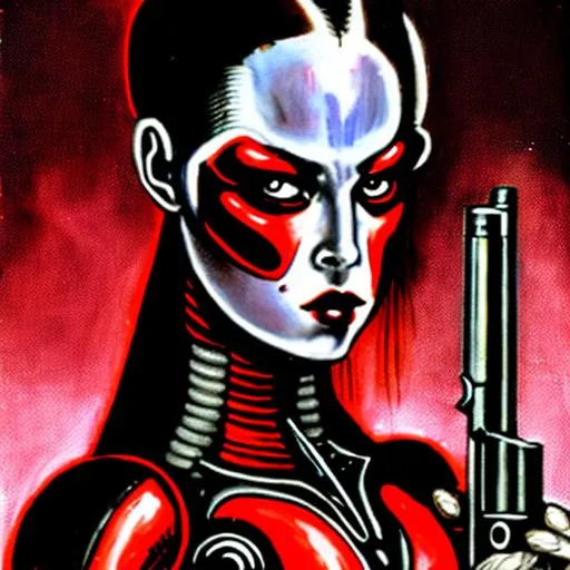 Prompt: An artificial human woman loading a shotgun. The image should be rendered in the style of Playstation 1. The android woman has synthetic black skin with red contrast that serves both as clothing and armor, and a human face. Her expression should contrast her soft female face, and convey the intense atmosphere and awareness of looming danger. The background should induce a feeling of decay caused by an overwhelming threat, and the atmosphere it creates should be heavy and intense.