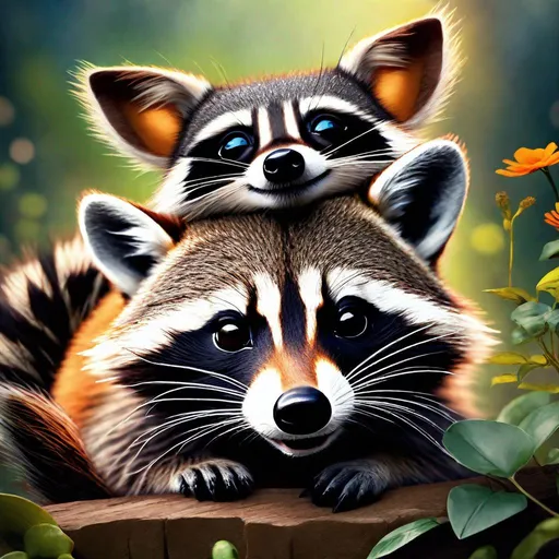 Prompt: A picture of a moth sitting on top of a smilling raccoon, photo realistic, extremely detailed, front, day, natural light, cute.