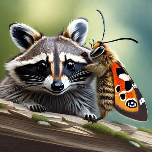 Prompt: A picture of a moth sitting on top of a smilling raccoon, photo realistic, extremely detailed, front, day, natural light.