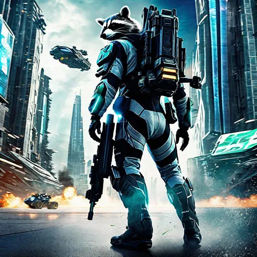 Prompt: The protagonist of Vanquish with a raccoon head sliding around the batllefield in an Augmented Reaction Suit, photorealistic, extremely detailed, action shot, side, futuristic city battlefield background, day.