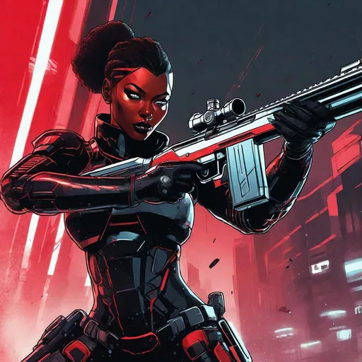 Prompt: An artificial human woman aiming a shotgun. The android woman has synthetic black skin with red contrast that serves both as clothing and armor, and a human face. Her expression should contrast her soft female face, and convey the intense atmosphere and awareness of looming danger. The background should induce a feeling of decay caused by an overwhelming threat, and the atmosphere it creates should be heavy and intense.