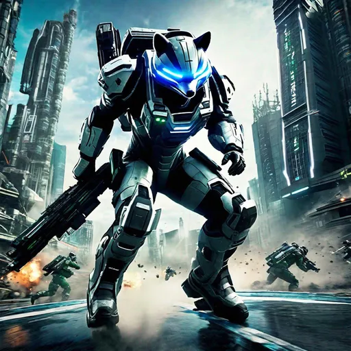 Prompt: The protagonist of Vanquish with a raccoon head sliding around the batllefield in an Augmented Reaction Suit, photorealistic, extremely detailed, action shot, wide shot, back, futuristic city battlefield background, day.