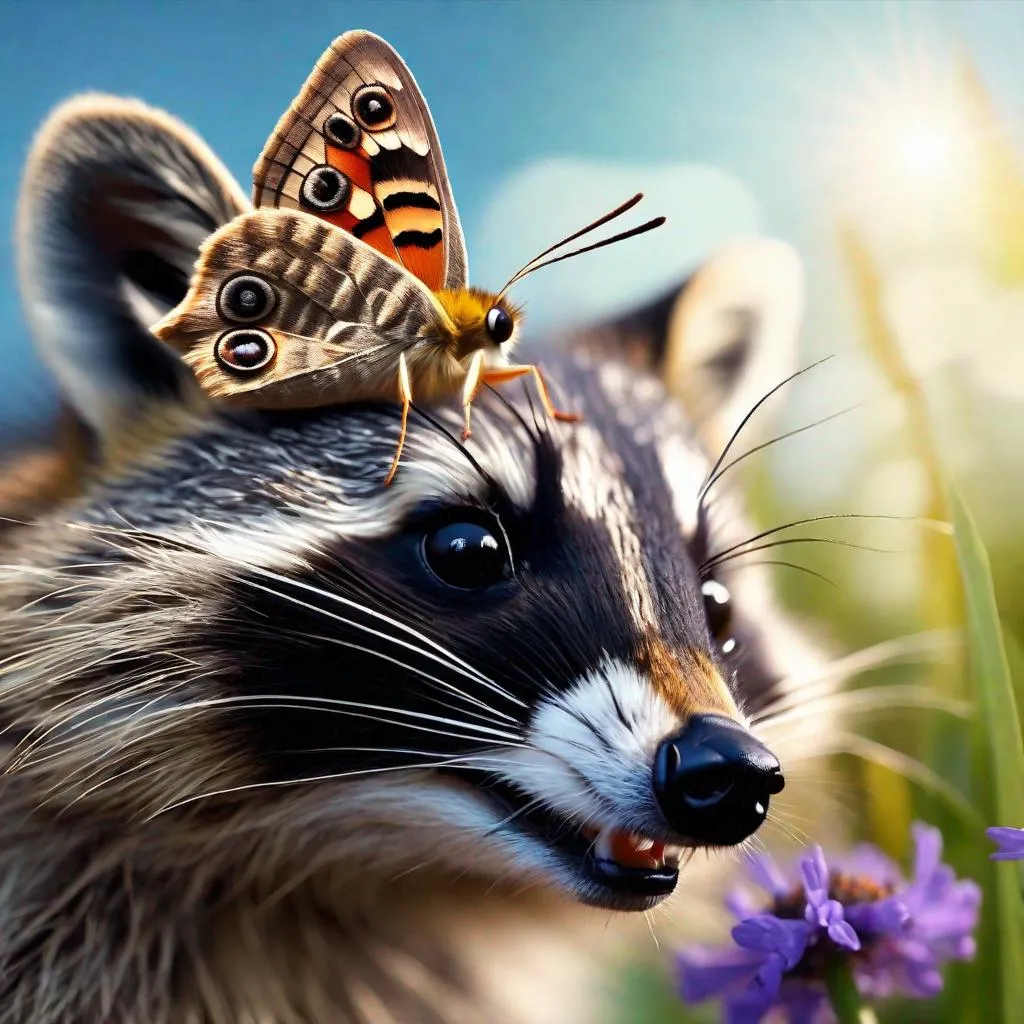 Prompt: A picture of a moth sitting on top of a smilling raccoon, photo realistic, extremely detailed, front, day, natural light, cute.