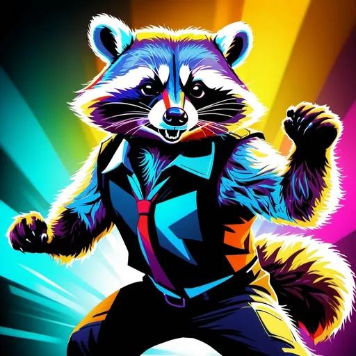 Prompt: Anthropomorphic raccoon fighting embodiment of evolution, digital art, detailed fur, intense action scene, high quality, dynamic, vibrant colors, cartoonish, dramatic lighting, evolutionary battle, unique design, professional, powerful stance, detailed characters, vibrant tones