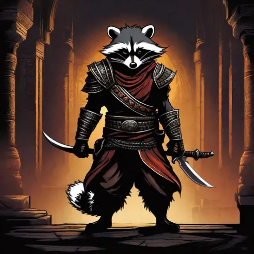 Prompt: Prince of persia warrior within protagonist as an anthropomorphic raccoon, extremely realistic, extremely detailed, promo art, dark color pallet, dark lighting, dark atmosphere.