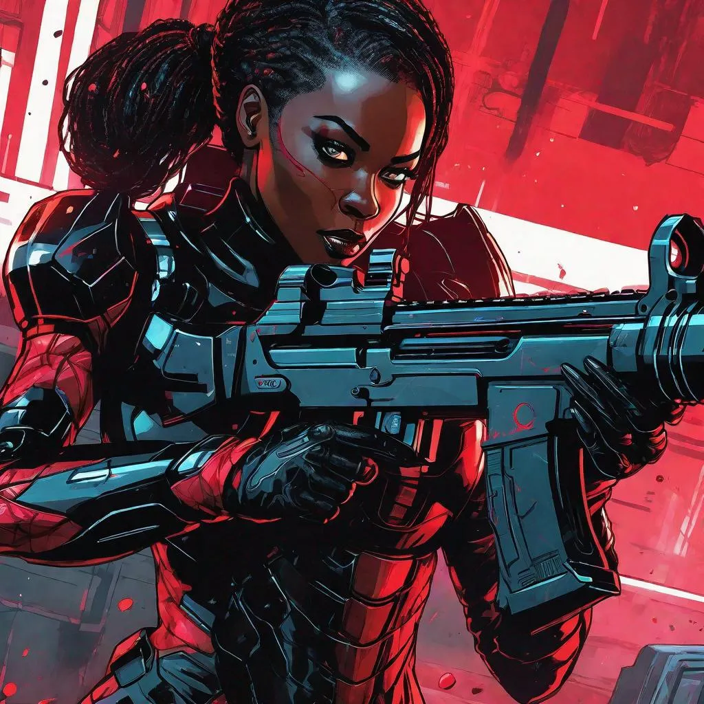 Prompt: An artificial human woman aiming a shotgun. The android woman has synthetic black skin with red contrast that serves both as clothing and armor, and a human face. Her expression should contrast her soft female face, and convey the intense atmosphere and awareness of looming danger. The background should induce a feeling of decay caused by an overwhelming threat, and the atmosphere it creates should be heavy and intense.