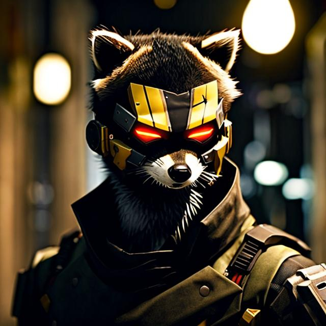 Prompt: deus ex mankind divided protagonist as an anthropomorphic raccoon, extremely realistic, extremely detailed, side, smilling, ambient light, indoors, housing complex.