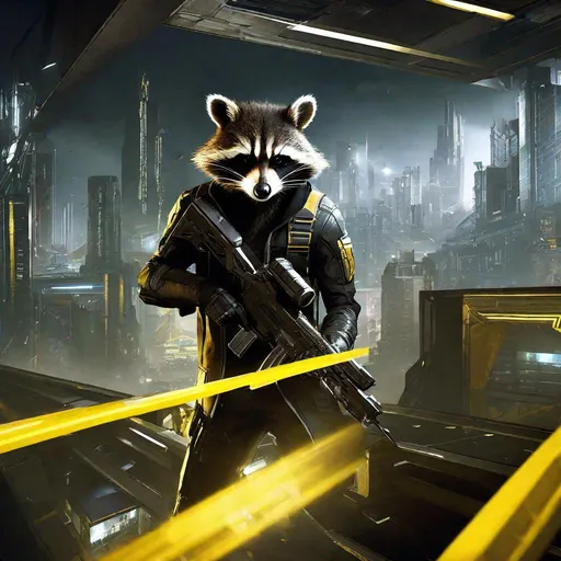 Prompt: deus ex mankind divided protagonist as an anthropomorphic raccoon, extremely realistic, extremely detailed, enemy takedown, ambient light, indoors, housing complex,side.